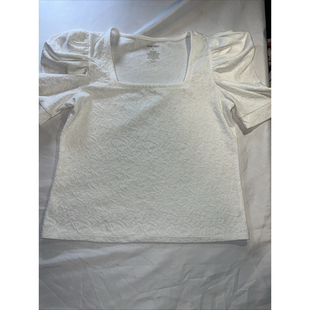 Nine West Womens CapSleeve Top Square Neck Size L White Textured Holiday Pic 325